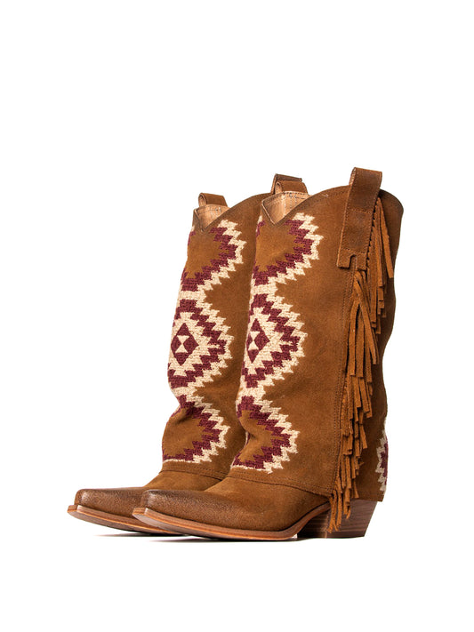 Side Fringe Snip-Toe Embroidery Fold-Over Mid Calf Cowgirl Boots - Brown Faux Suede