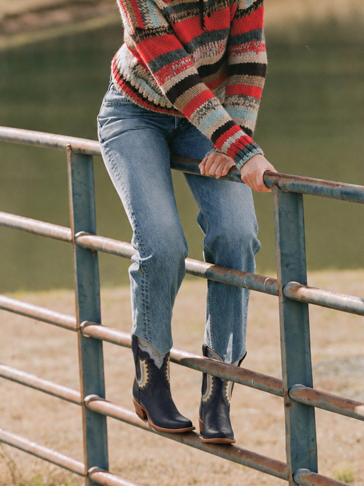 Almond-Toe Horseshoe Inlay Chic Cowgirl Ankle Boots - Navy