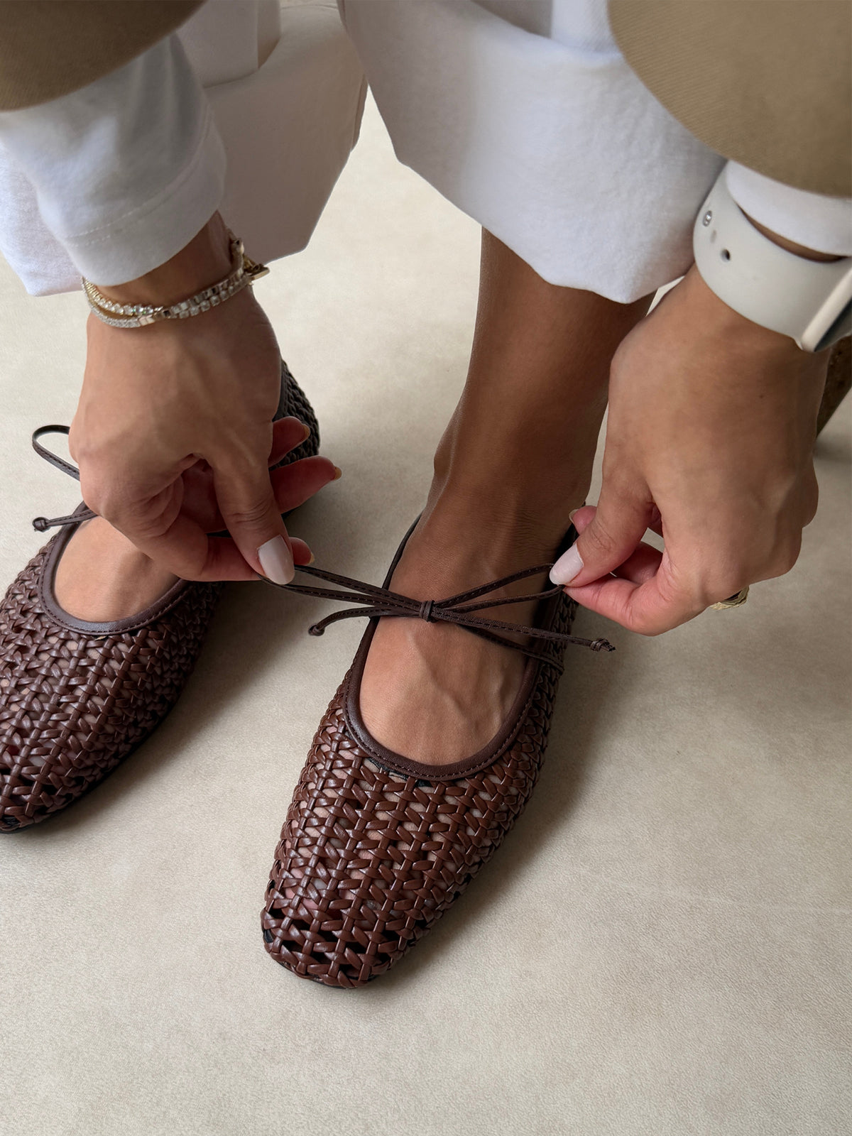 Coffee Woven Vegan Leather Square-Toe Mary Jane Stylish Ballet Flats