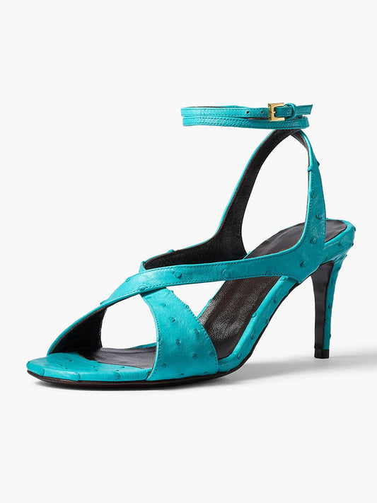 Blue Ostrich Pattern Round-Toe Crossed Straps Back And Ankle Strap Sandals Kitten Heels
