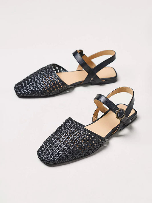Black Vegan Leather Woven Square-Toe Ankle Strap Flats
