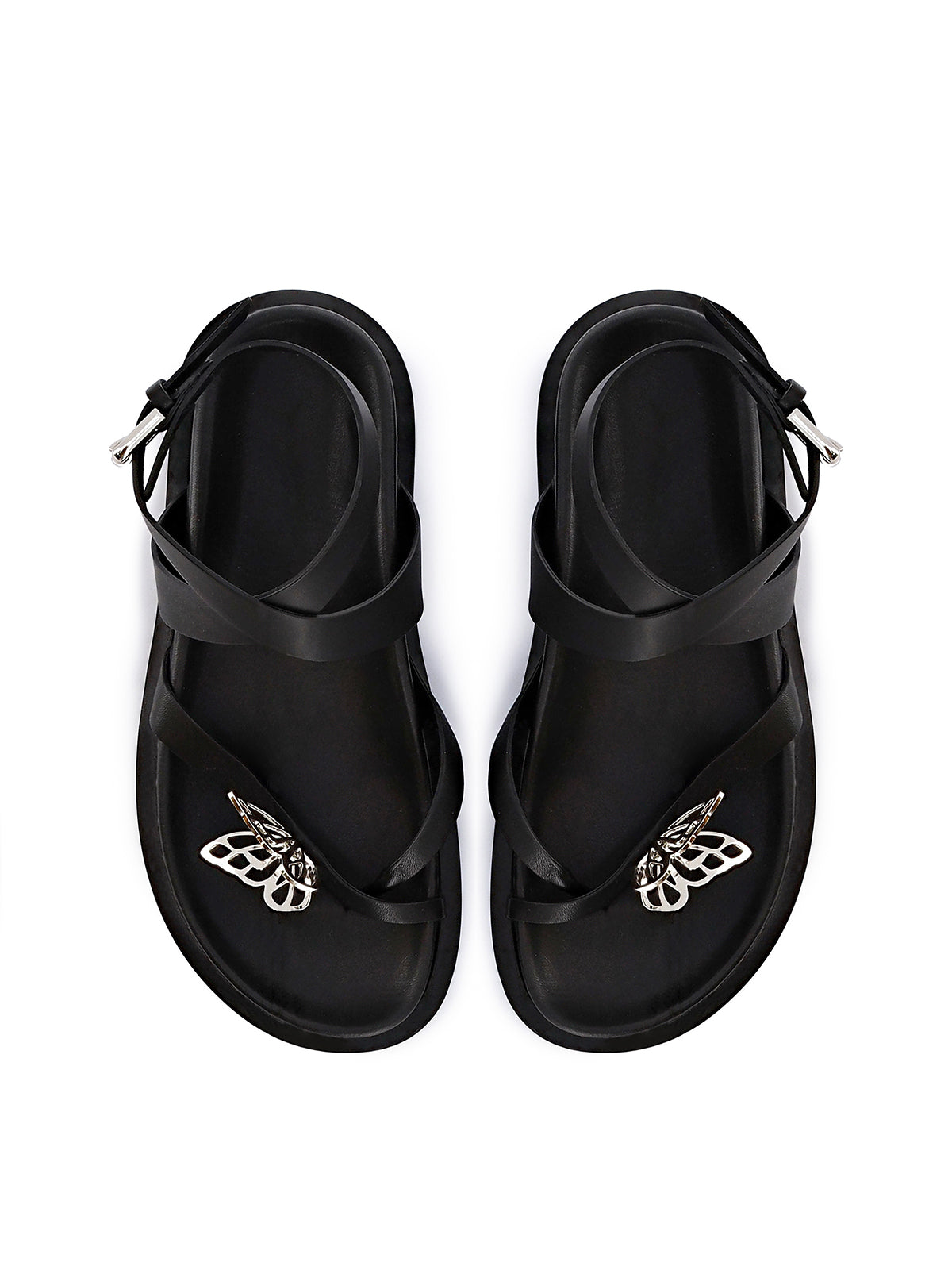 Black Round-Toe Front Butterfly Applique Flip Flop Flat Sandals