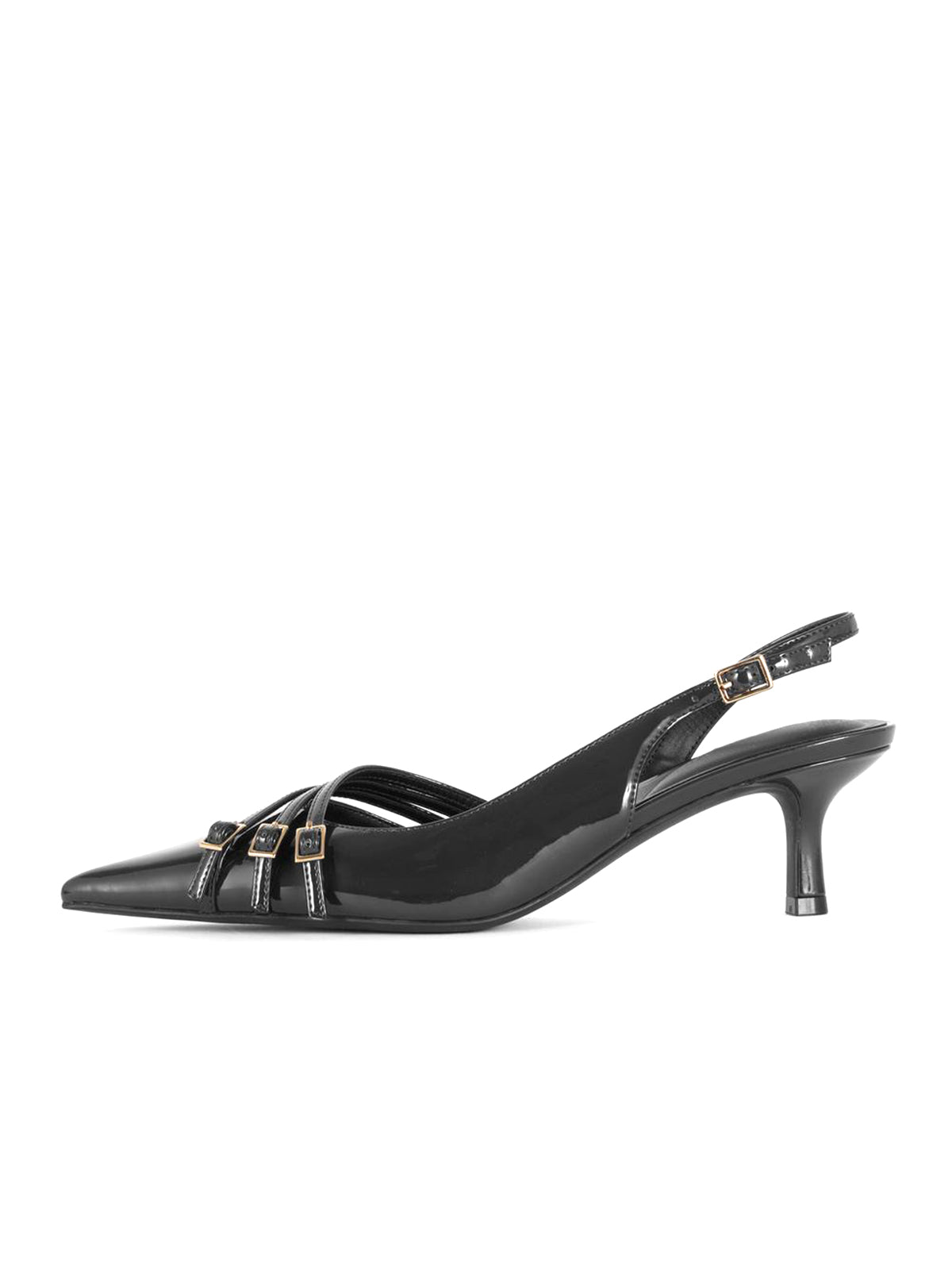 Patent Black Pointed-Toe Front Three Straps Slingback Kitten Heels