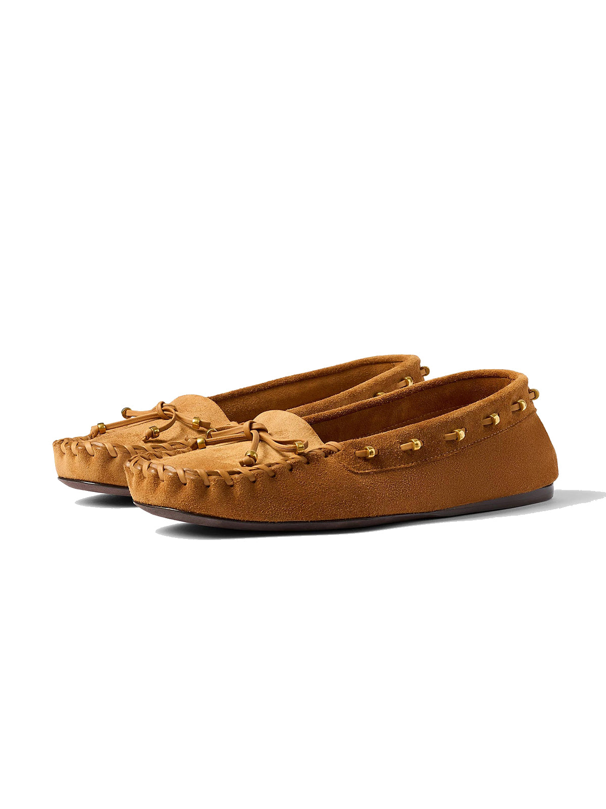 Caramel Cow Suede Square-Toe Running Stitch And Front Bow Flats