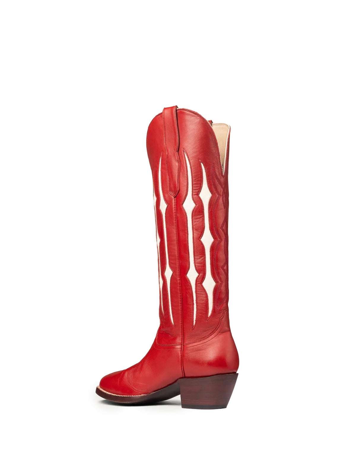 Red Contrast Bone Inlay Stitch Almond-Toe Wide Knee High Western Cowgirl Boots