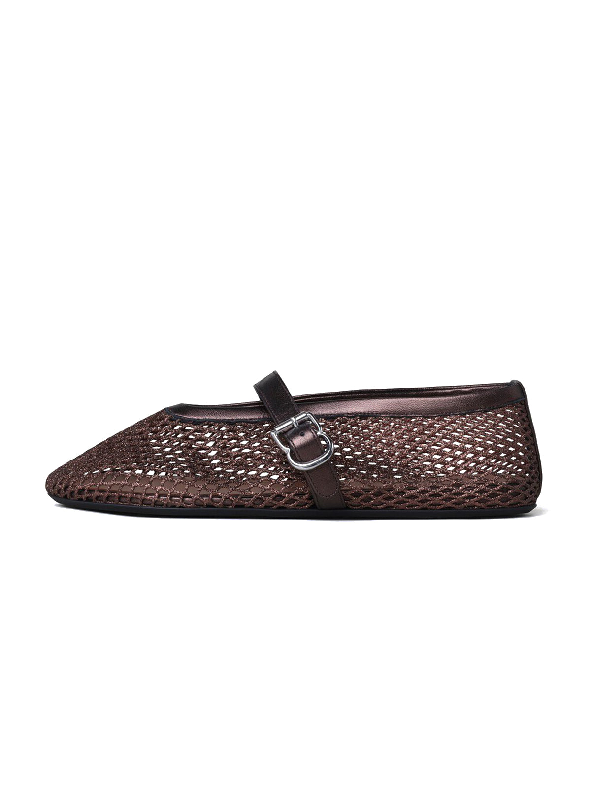 Metallic Bronze Mesh And Vegan Leather Round-Toe Buckle Bridge Strap Flats