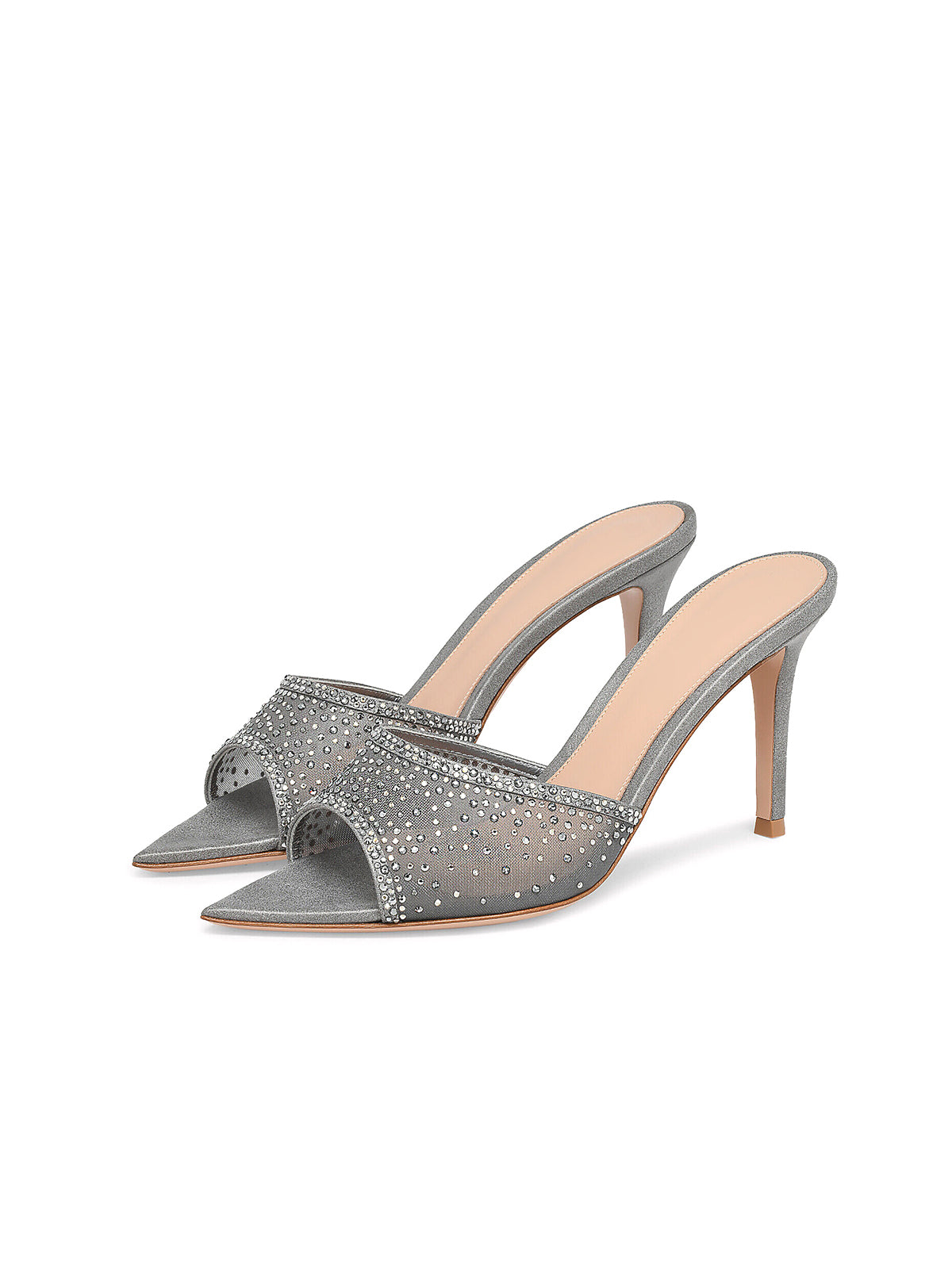 Rhinestones Mesh Open Pointed-Toe Backless Slip-On High Heels – Metallic Gray