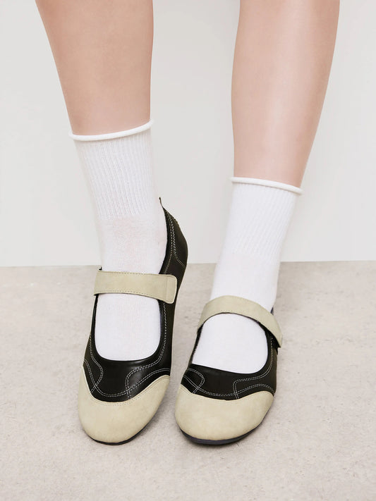 Beige And Black Round-Toe Chic Mary Jane Classic Flats
