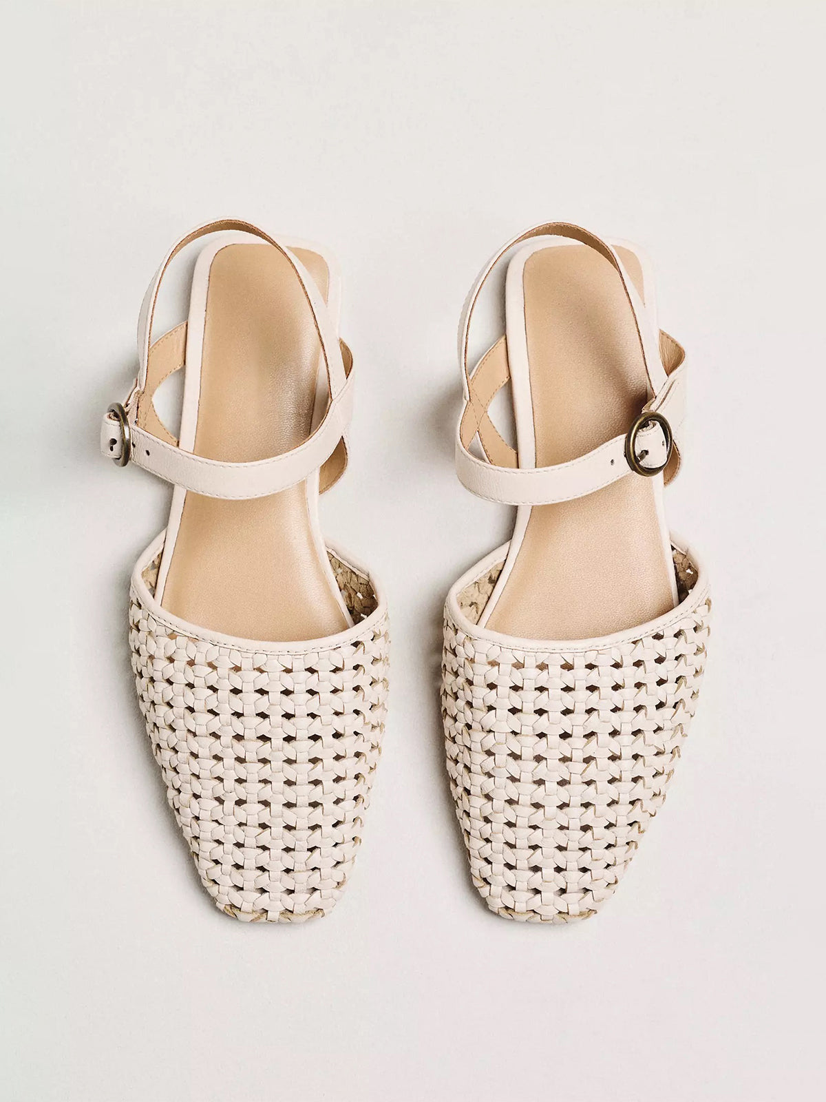 Cream Vegan Leather Woven Square-Toe Ankle Strap Flats