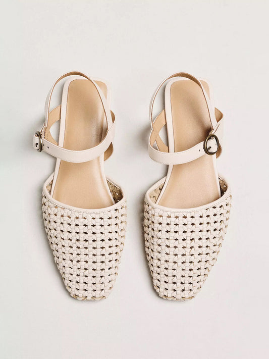 Cream Vegan Leather Woven Square-Toe Ankle Strap Flats