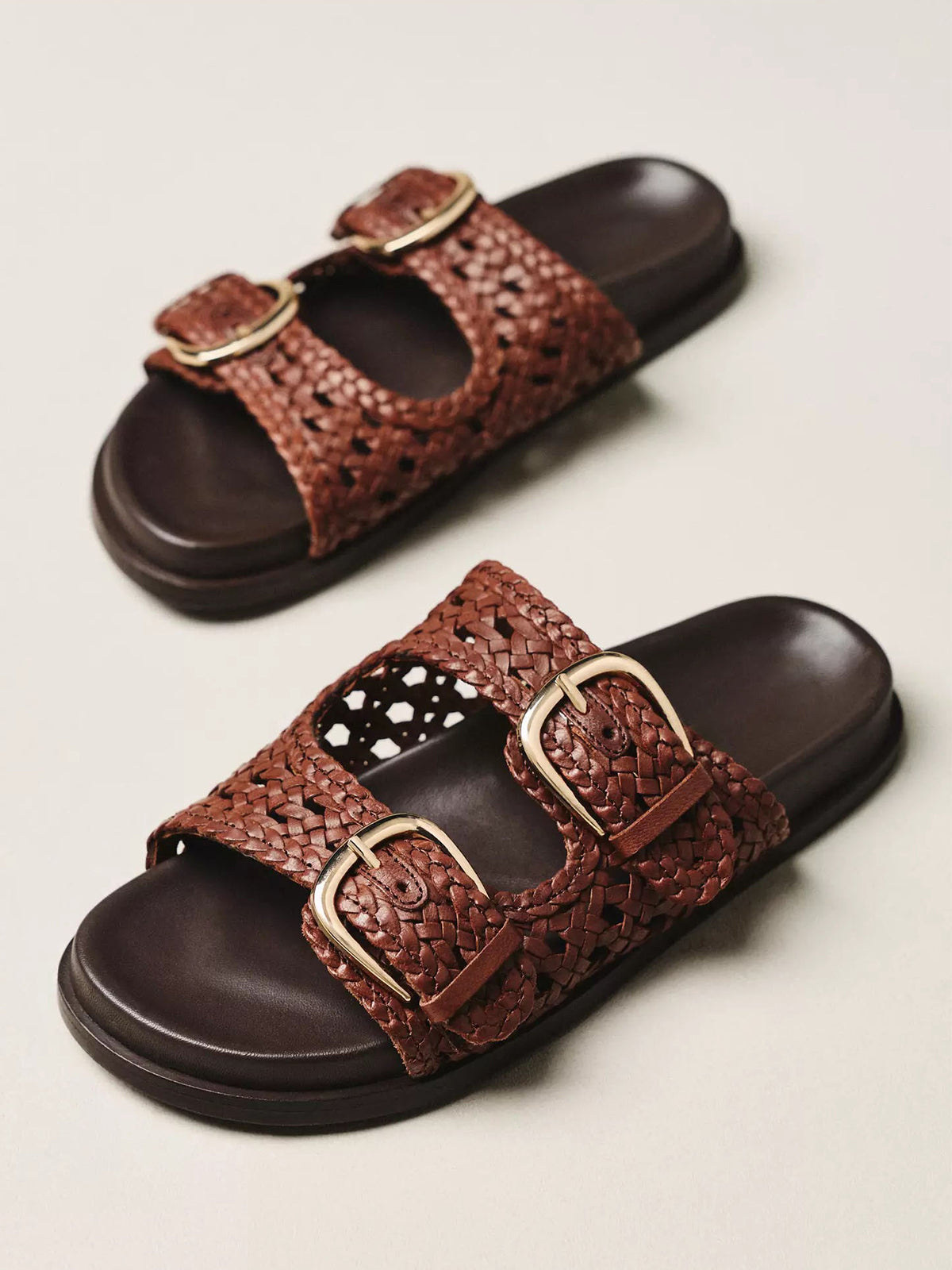 Brown Woven Vegan Leather Square-Toe Double Buckle Straps Slide Sandals Flats