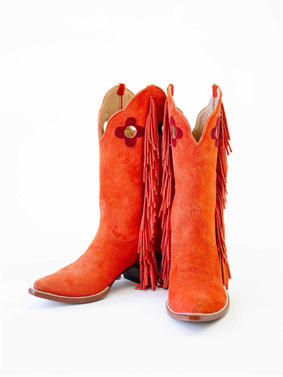 Red Pointed-Toe Side Fringes And Cutout Mid Calf Cowgirl Boots