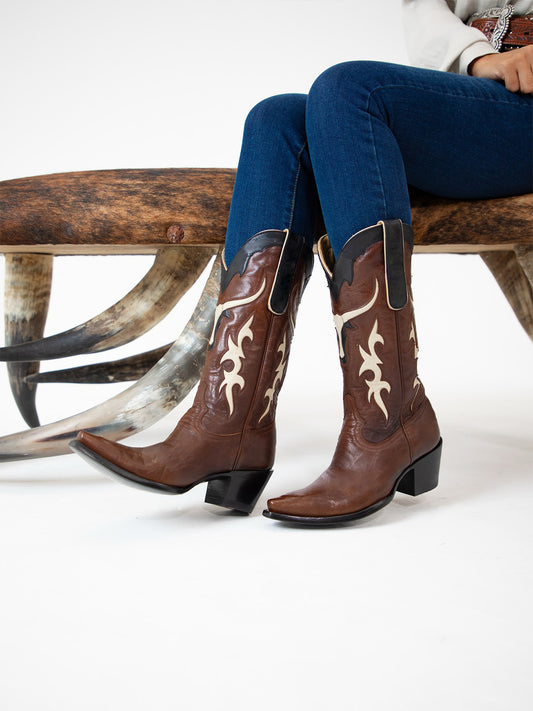 Brown Snip-Toe Tauren Inlay Mid Calf Cowgirl Boots