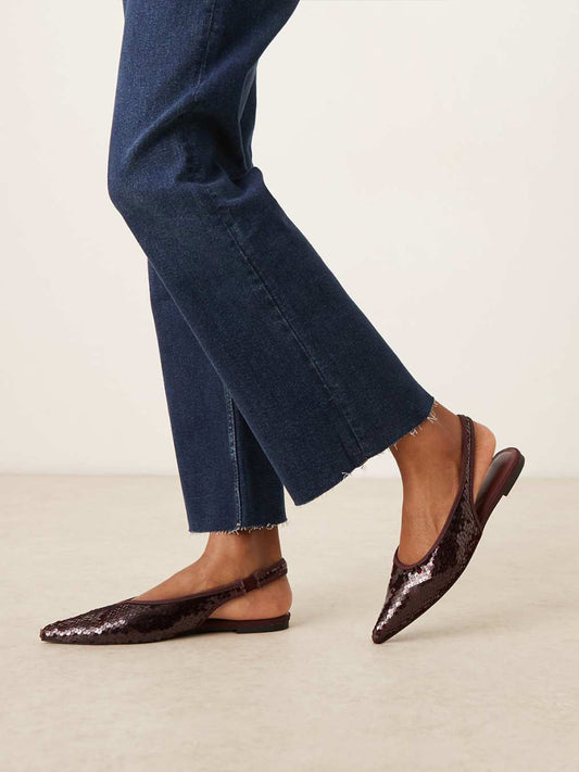 Burgundy Sequin Satin Pointed-Toe Elasticated Slingback Strap Flats