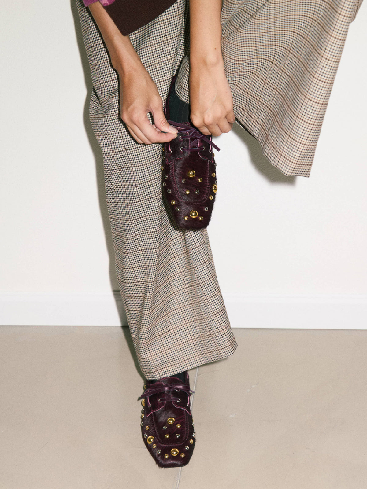 Burgundy Pony Hair Vegan Leather Square-Toe Studs And Bow Flats