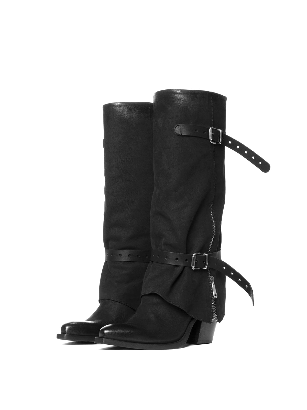 Black Faux Suede Snip-Toe Bottom Zipper Fold-Over Buckle Knee High Cowgirl Boots