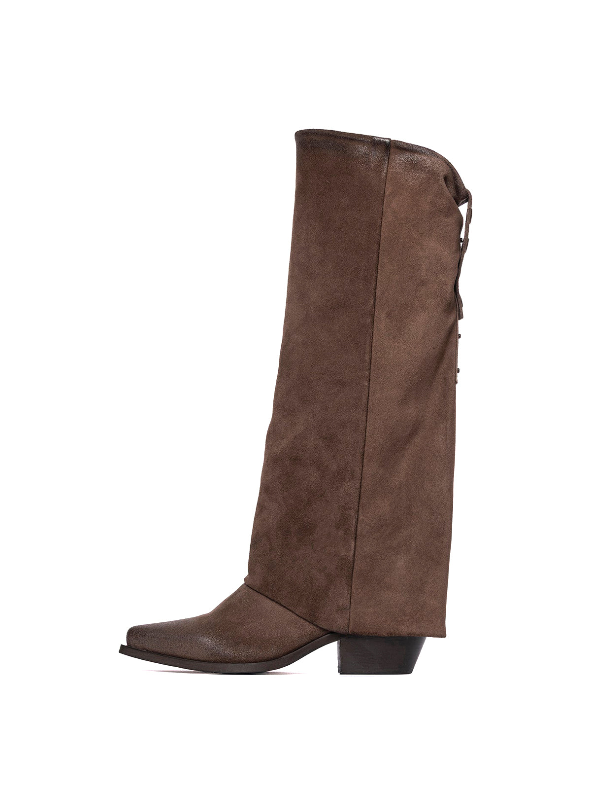 Brown Faux Suede Snip-Toe Fold-Over Back Studs Wide Calf Knee High Cowgirl Boots