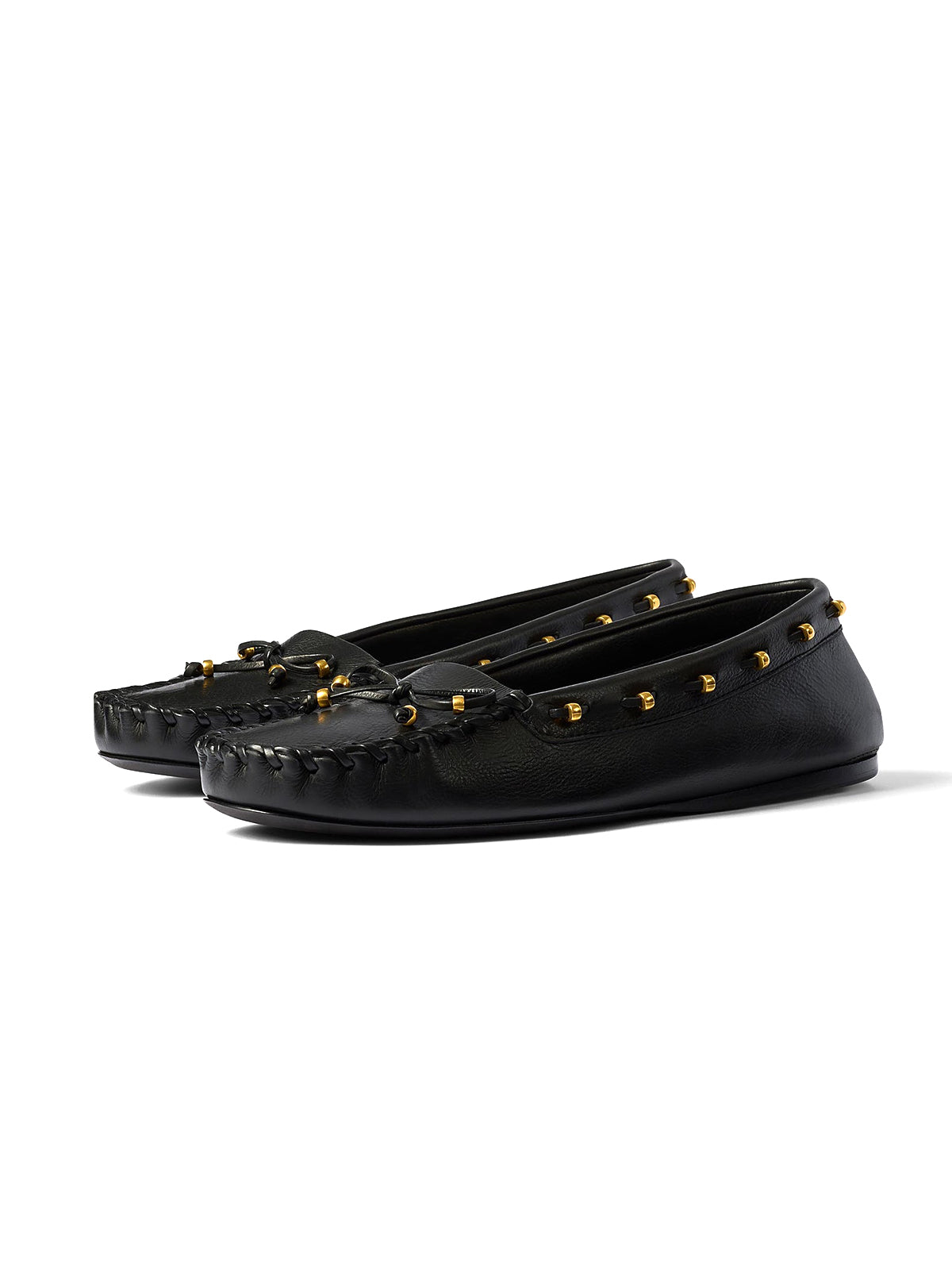 Black Cow Leather Square-Toe Running Stitch And Front Bow Flats