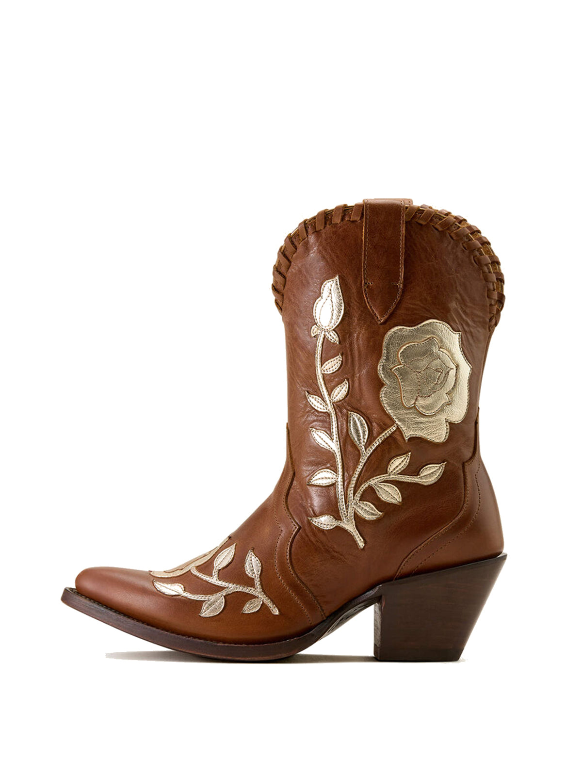 Tan Almond-Toe Big Metallic Rose Applique Ankle Cowgirl Boots