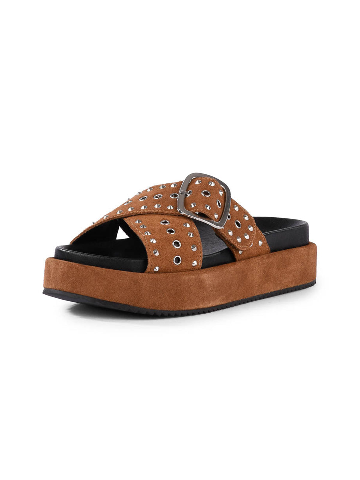 Tan Faux Suede Round-Toe Crossed Straps With Eyelets And Rhinestones Sandals