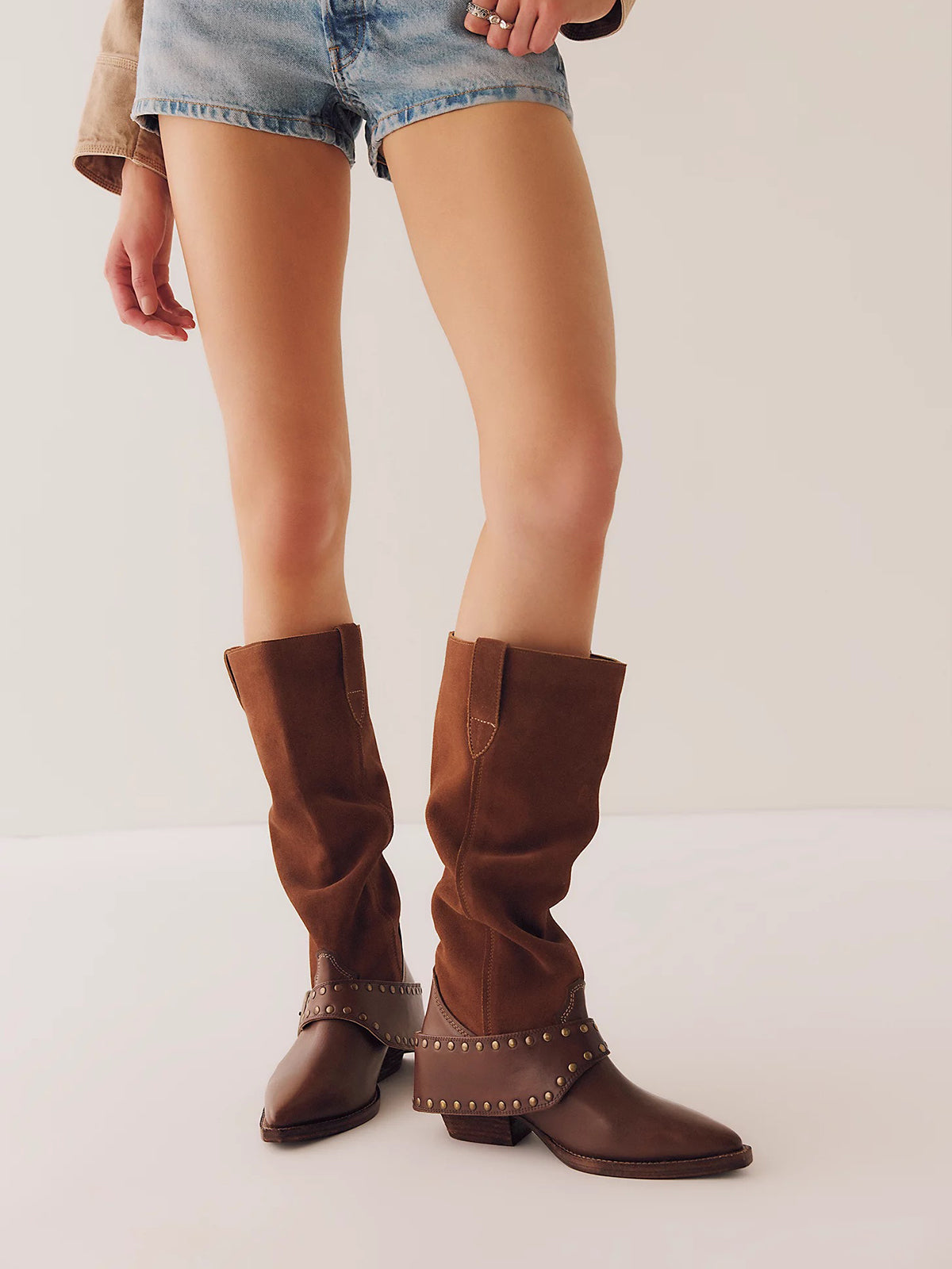 Brown Pointed-Toe Studded Buckle Strap Wide Calf Knee High Cowgirl Boots