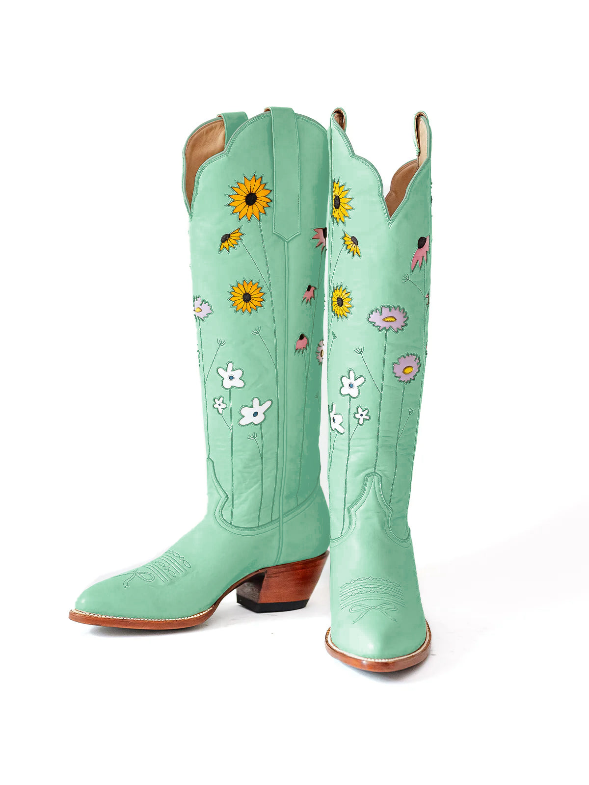 Green Almond-Toe Colorful Flowers Inlay Wide Calf Knee High Cowgirl Boots