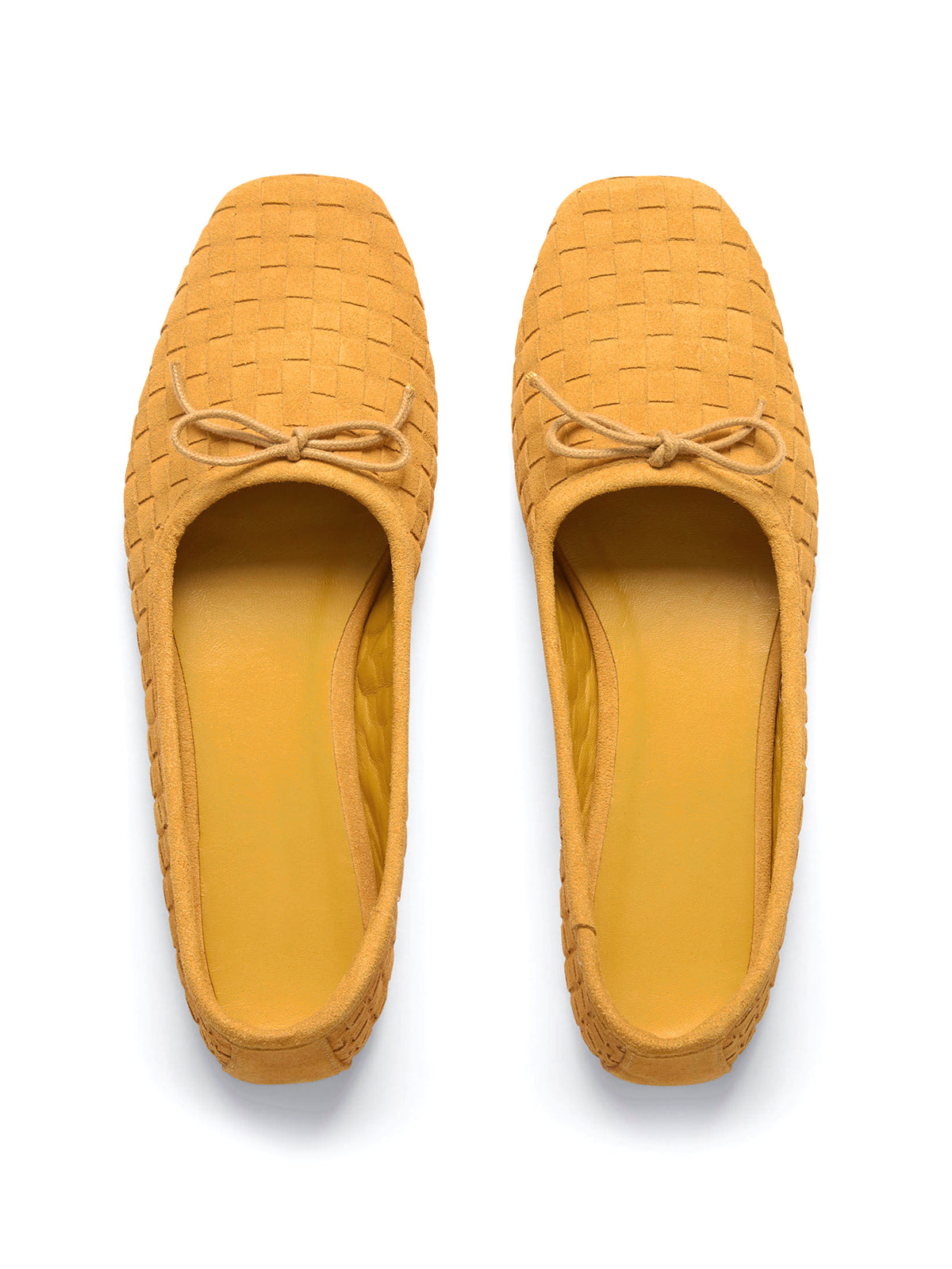Yellow Woven Faux Suede Square-Toe Front Bow Ballet Flats