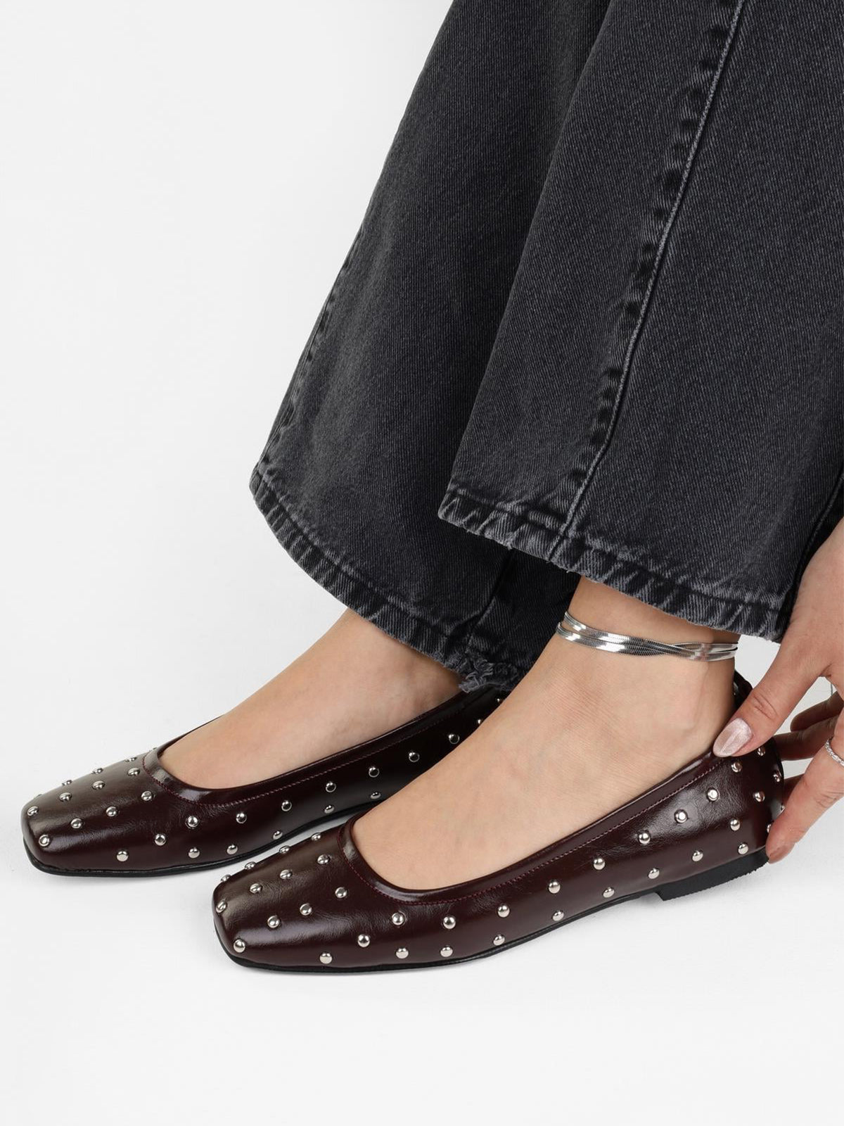 Burgundy Square-Toe Tiny Studs Slip-On Flats