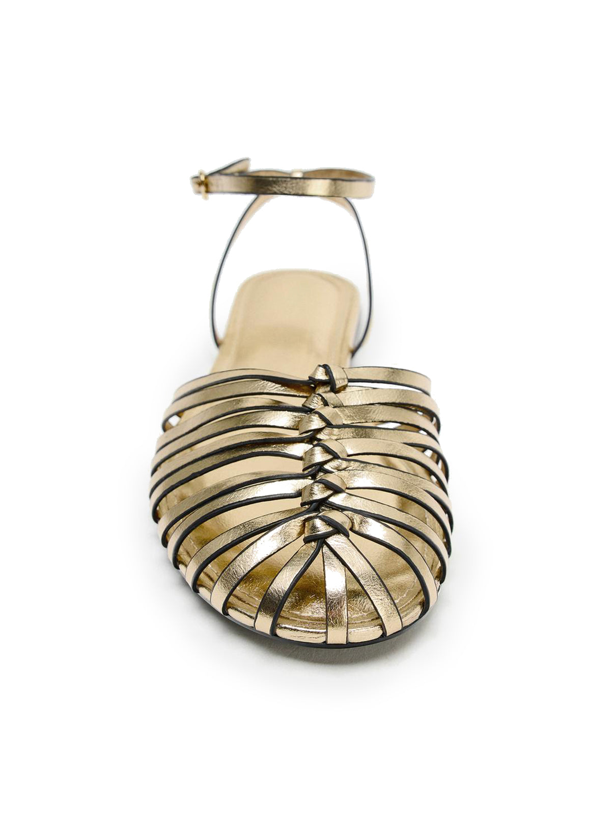Metallic Gold Woven Vegan Leather Round-Toe Ankle Strap Flats