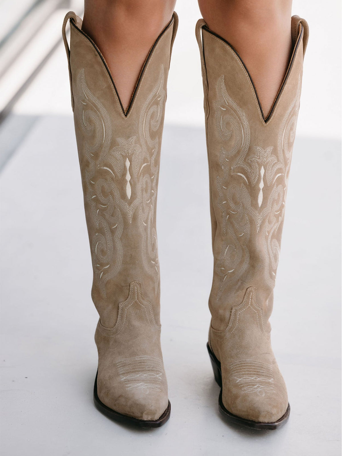 Cream Faux Suede Embroidery Tall Snip-Toe Knee High Cowgirl Boots