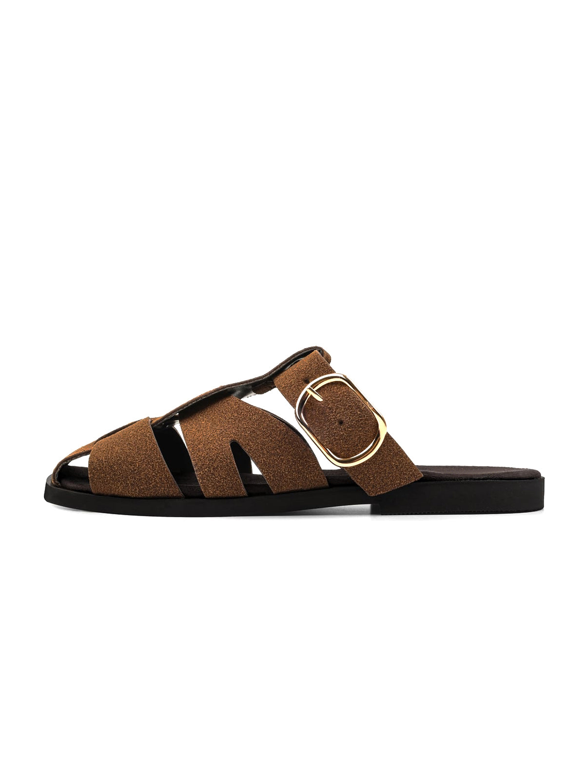 Brown Cow Suede Round-Toe Caged Detail And Studs Backless Flats