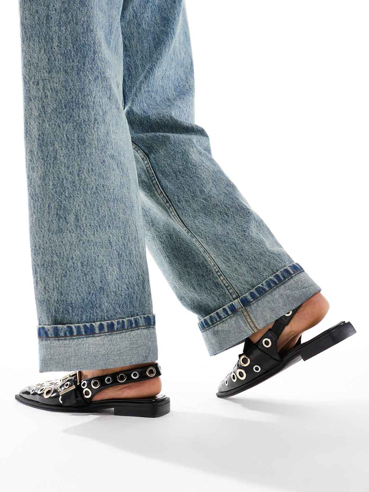 Black Pointed-Toe Mary Jane Slingback Full Eyelets Flats