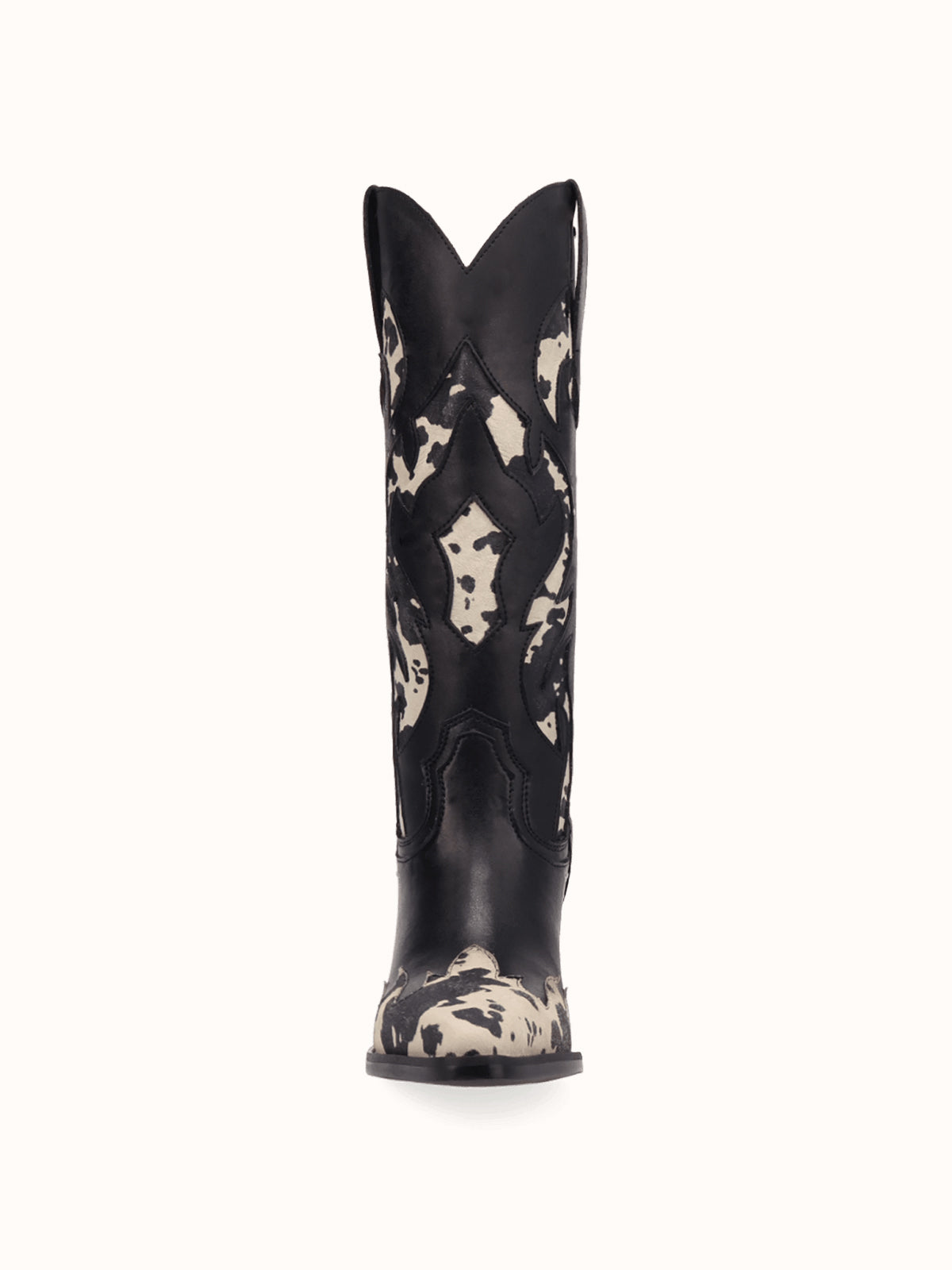 Contrast Black And Cow Pattern Snip-Toe Mid Calf Cowgirl Boots