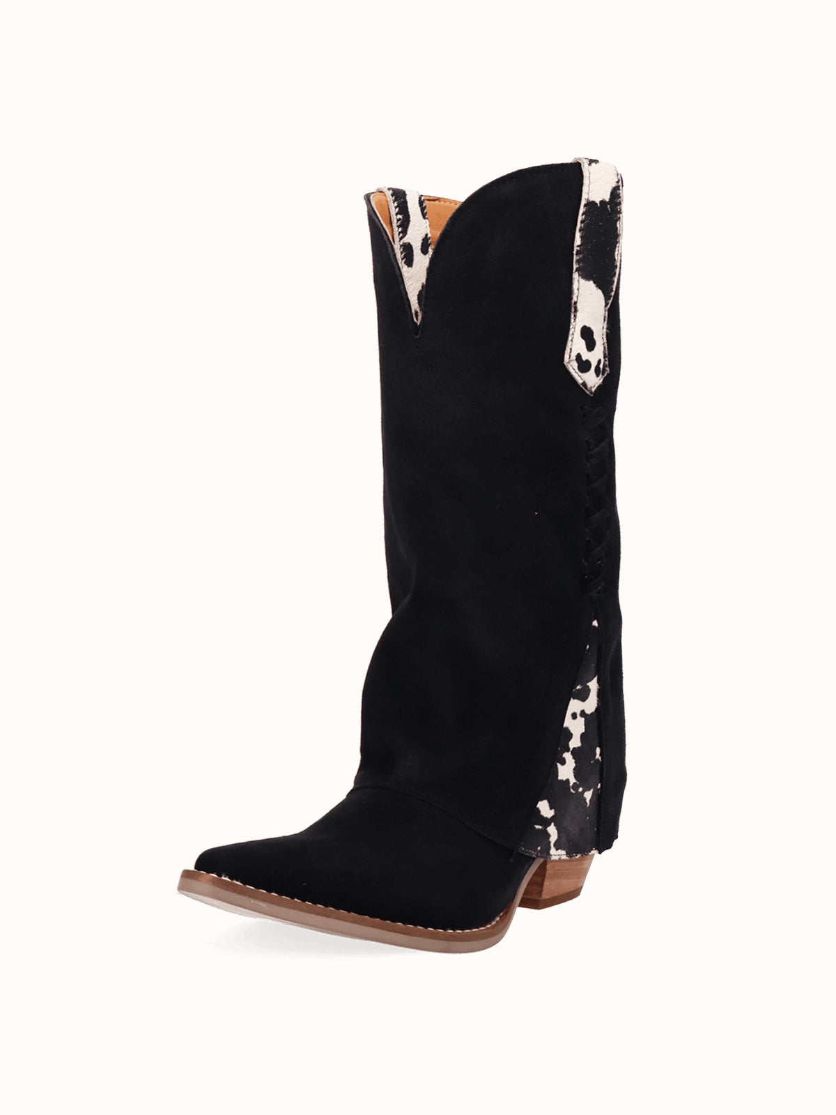 Black Faux Suede And Cow Pattern Snip-Toe Fold-Over Wide Calf Knee High Cowgirl Boots