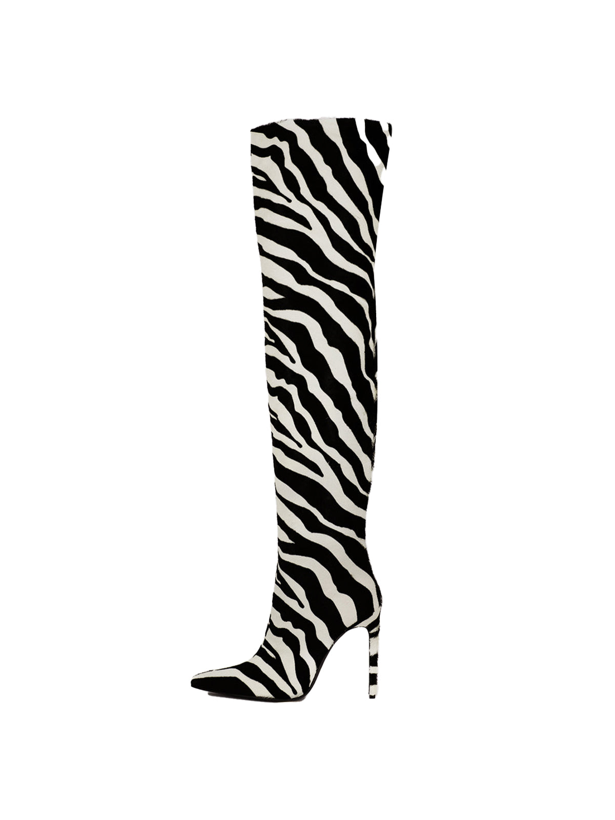 Faux Zebra Pointed-Toe Wide Calf Over-The-Knee Stiletto Boots