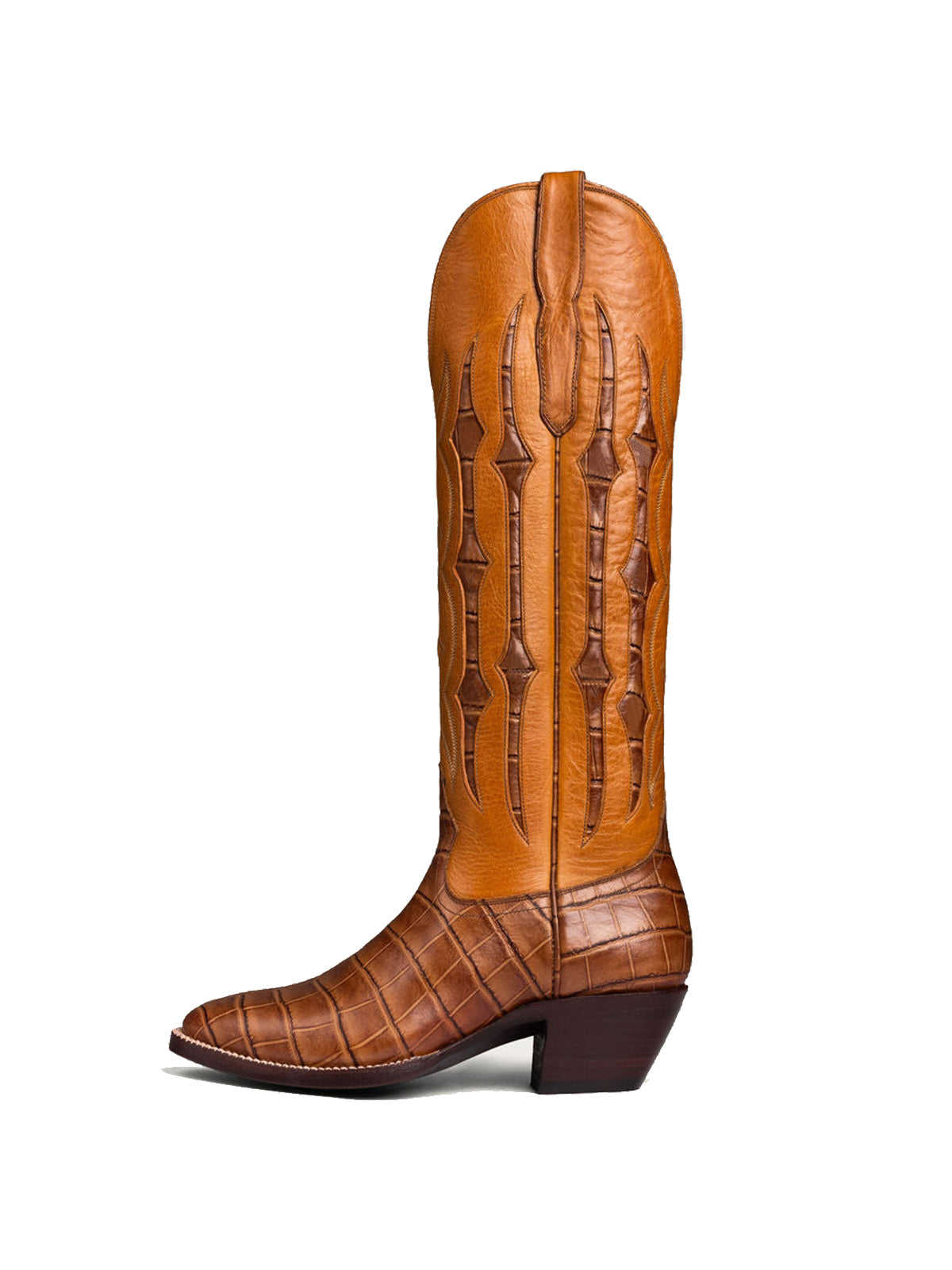 Maroon Contrast Crocodile Print Inlay Stitch Almond-Toe Wide Knee High Western Cowgirl Boots