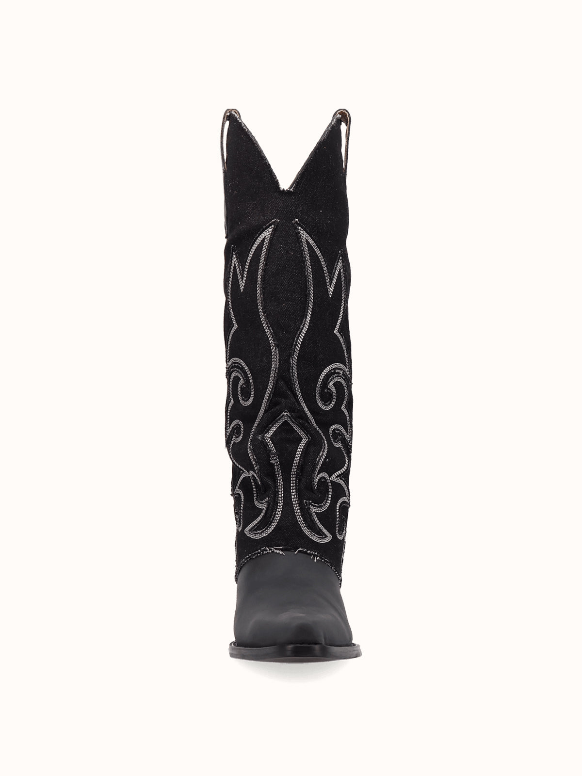 Black Denim And Vegan Leather Snip-Toe Embroidery Fold-Over Wide Calf Knee High Cowgirl Boots