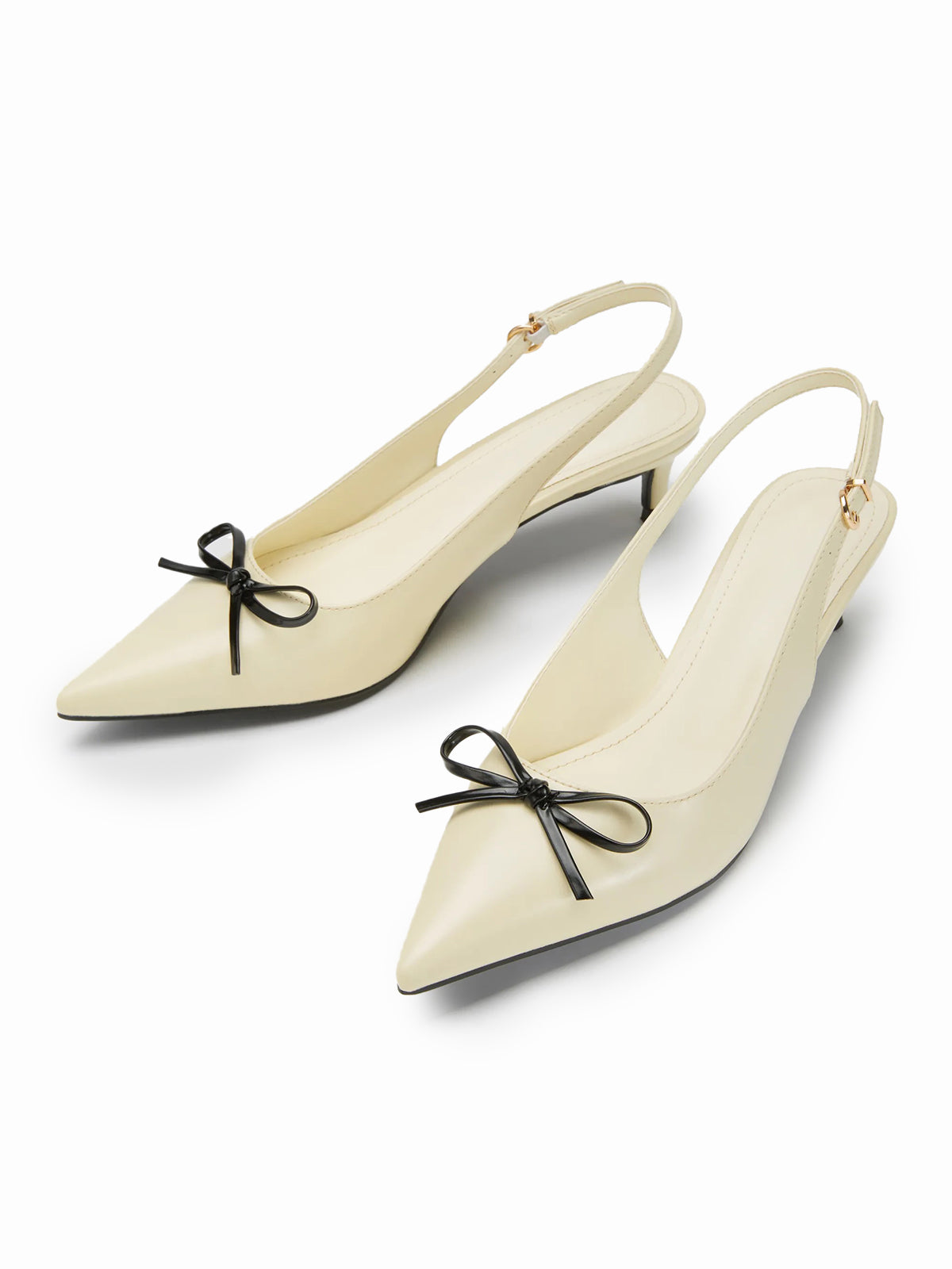 Light Yellow Pointed-Toe Front Bow Buckle Back Strap Kitten Heels
