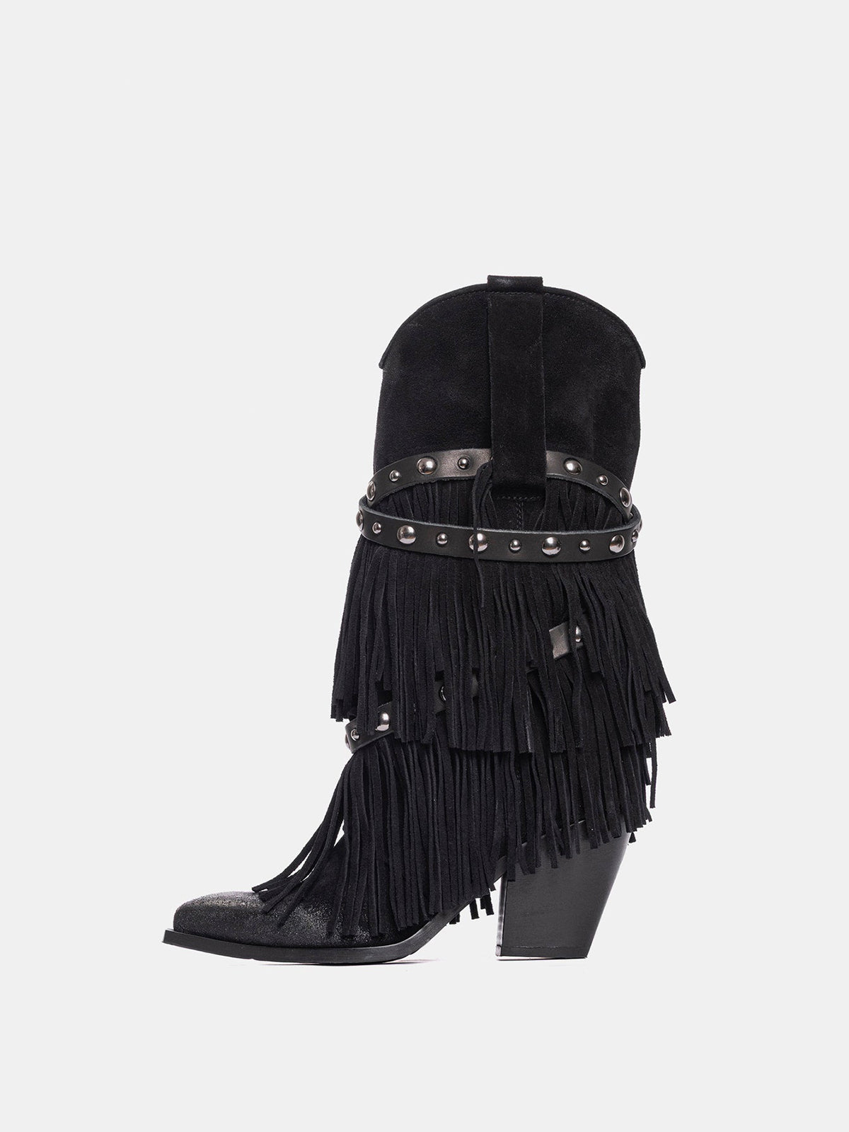 Black Faux Suede Snip-Toe Studded Straps Fringe Mid Calf Cowgirl Boots
