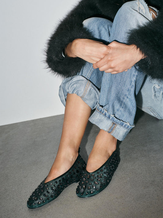 Green Mesh Round-Toe Full Crystals Ballet Flats