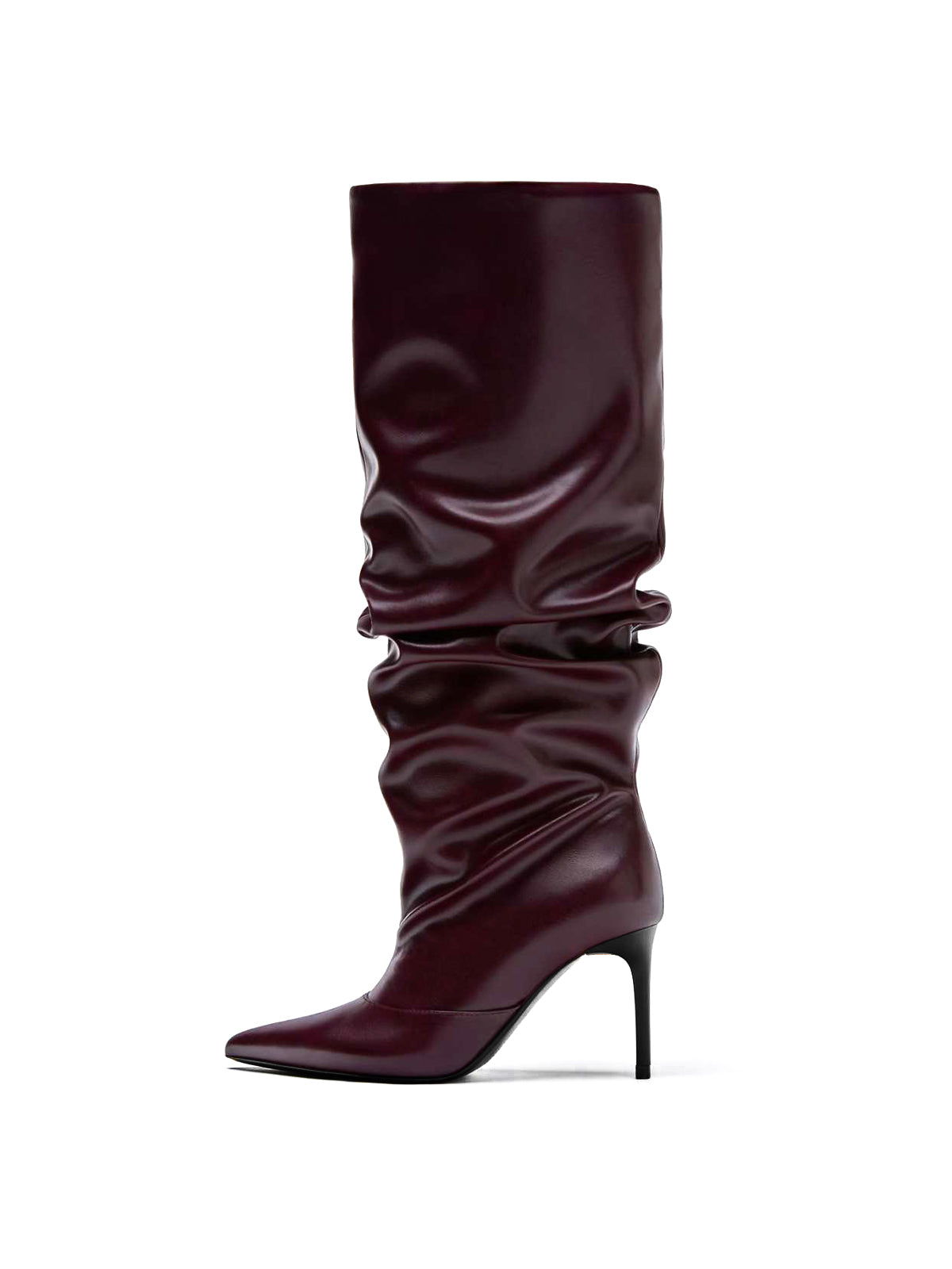 Burgundy Pointed-Toe Slouchy Wide Calf Knee High Stiletto Boots