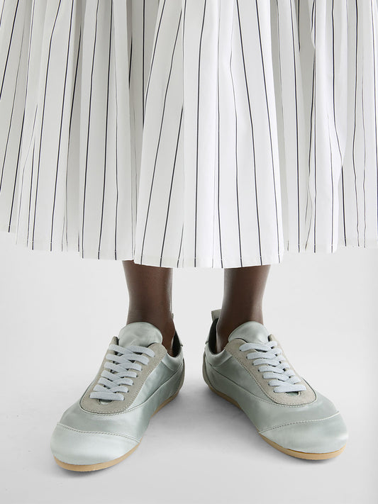 Aqua Satin And Faux Suede Round-Toe Lace-Up Sneakers Flats