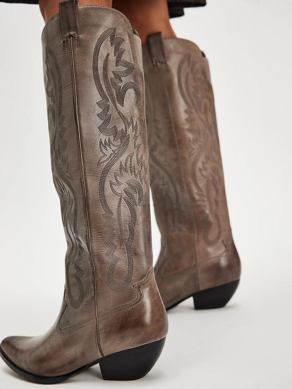 Distressed Gray Embroidery Pointed-Toe Tall Wide Calf Western Boots For Women