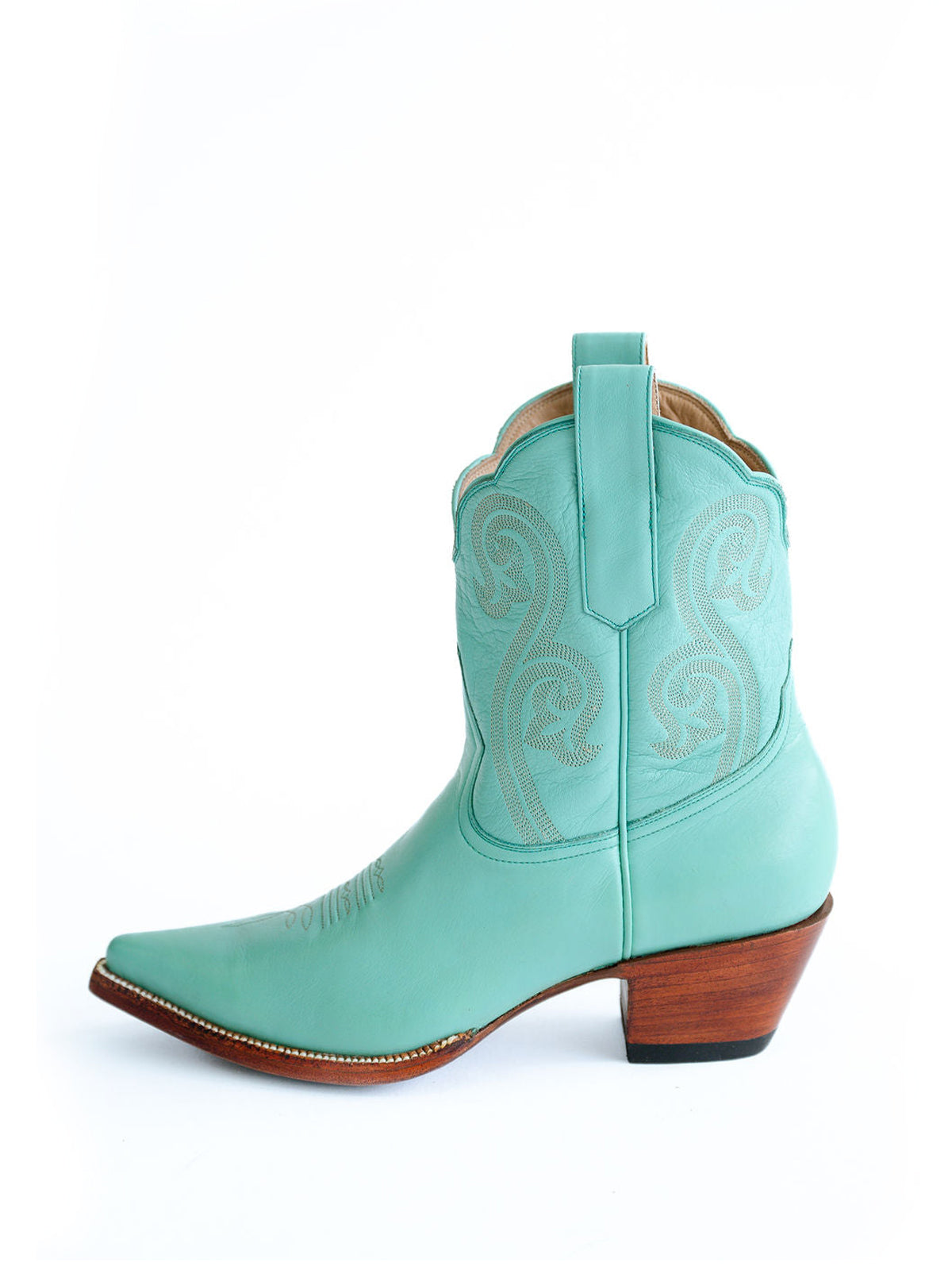 Green Almond-Toe Embroidery Ankle Booties