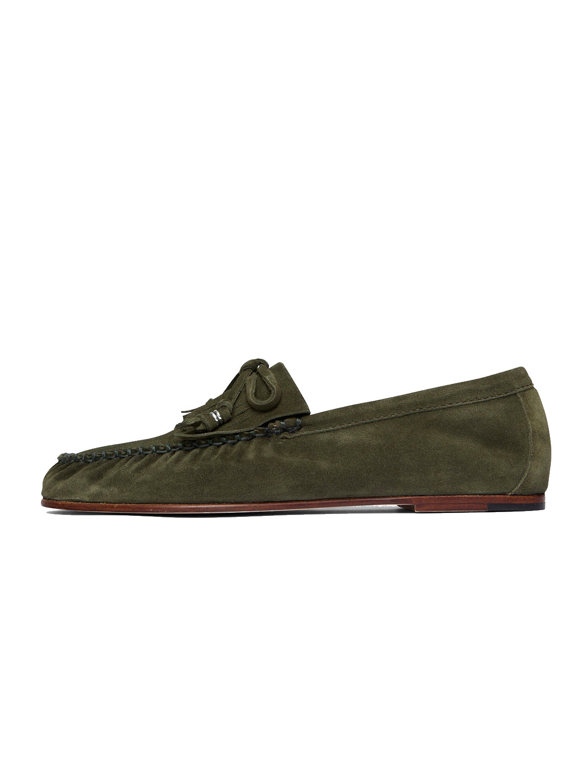 Coffee Cow Suede Round-Toe Front Bow And Fringe Flats