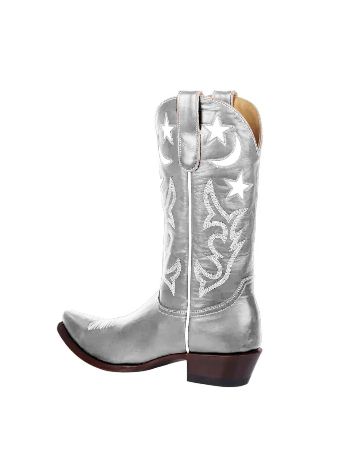 Metallic Silver Snip-Toe Moon And Star Inlay Embroidery Mid Calf Cowgirl Boots