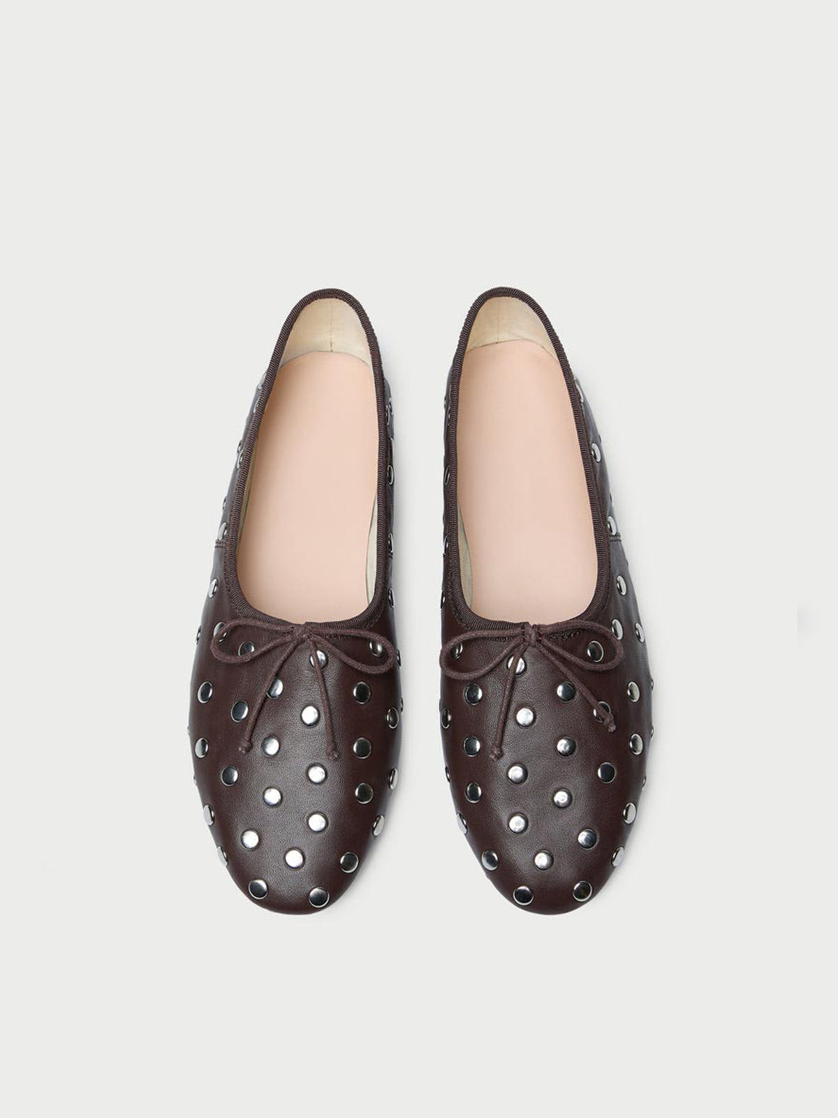Dark Brown Round-Toe Front Bow Ballet Flats With Studs