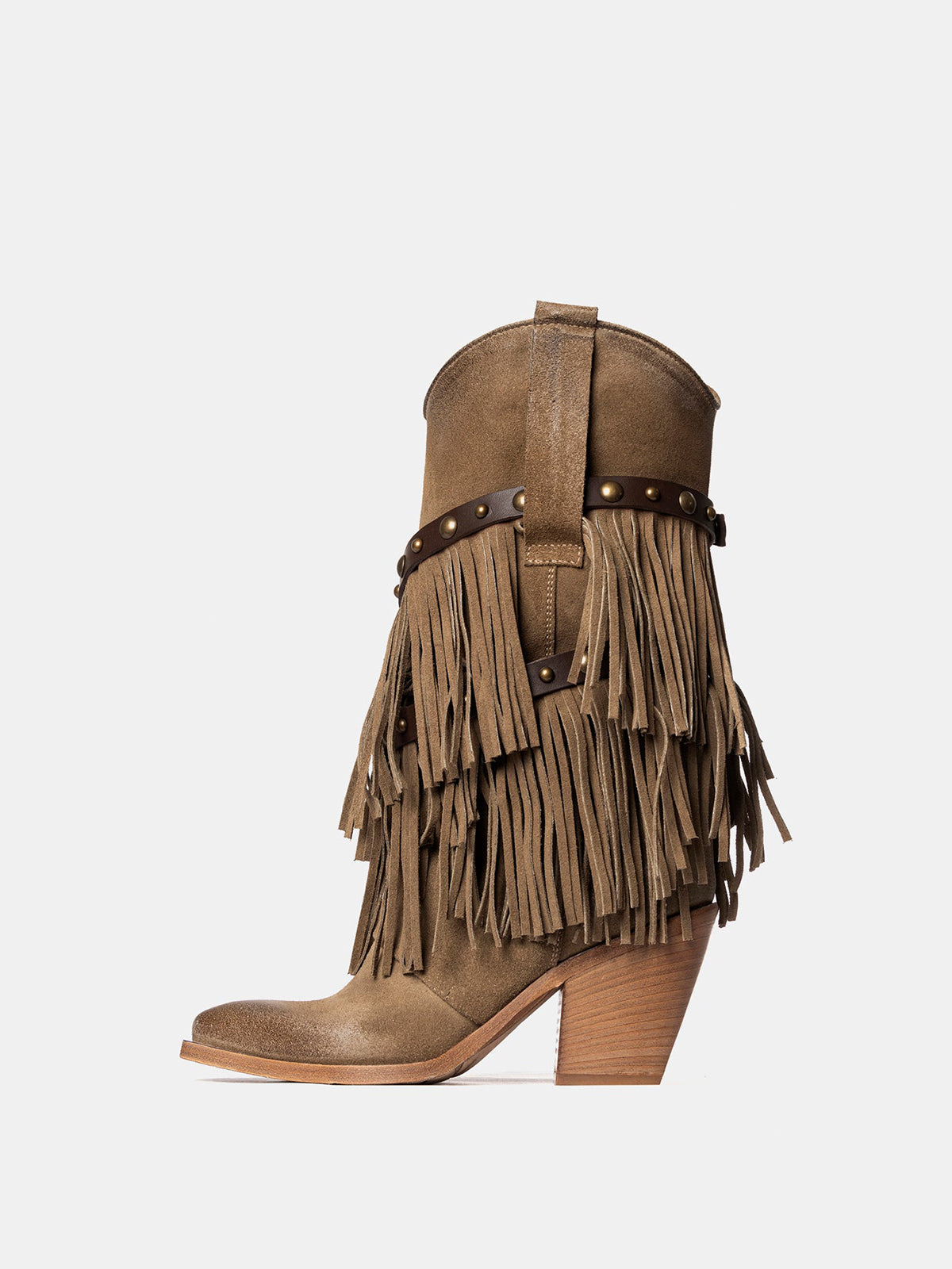 Brown Faux Suede Snip-Toe Studded Straps Fringe Mid Calf Cowgirl Boots