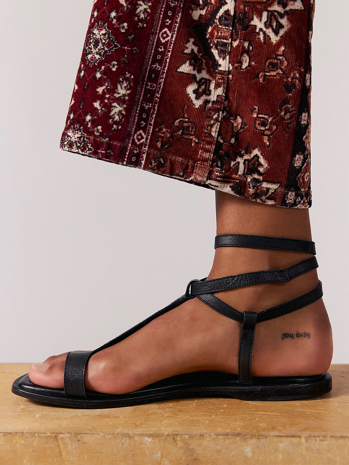 Black Square-Toe Multi-Wrap Ankle Straps Flats