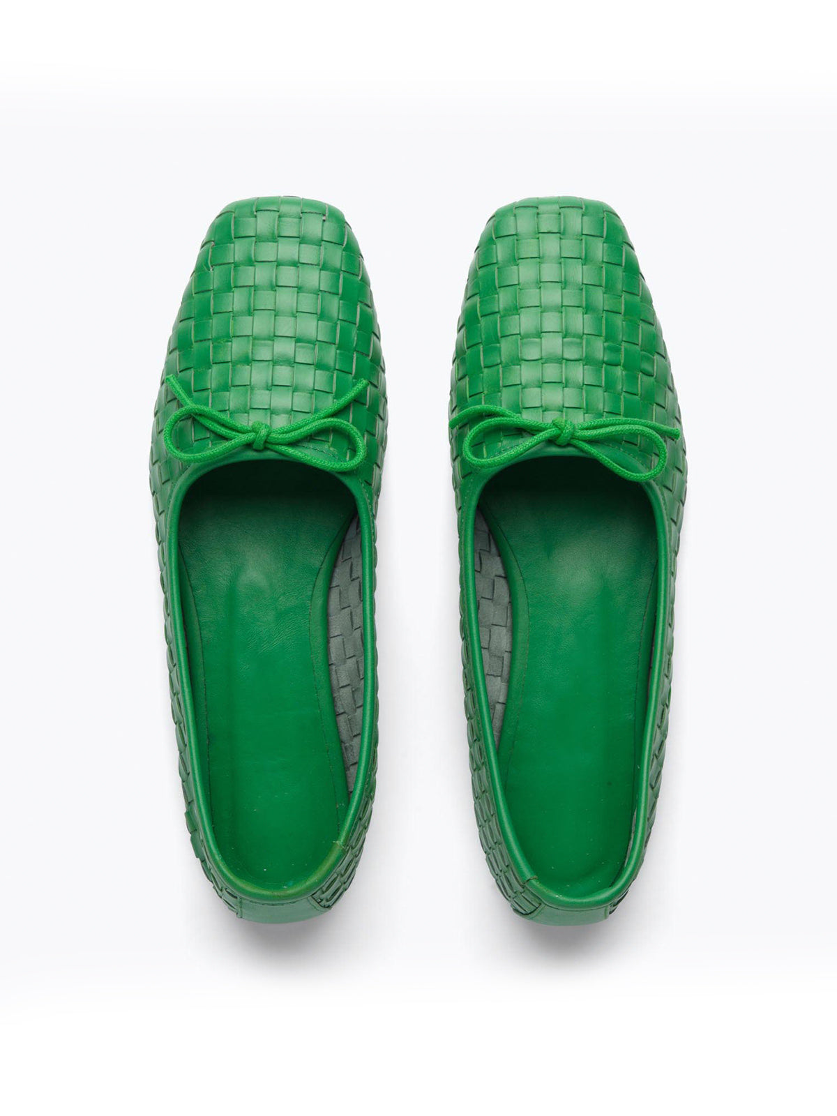 Vegan Leather Woven Square-Toe Bow Ballet Flats - Green